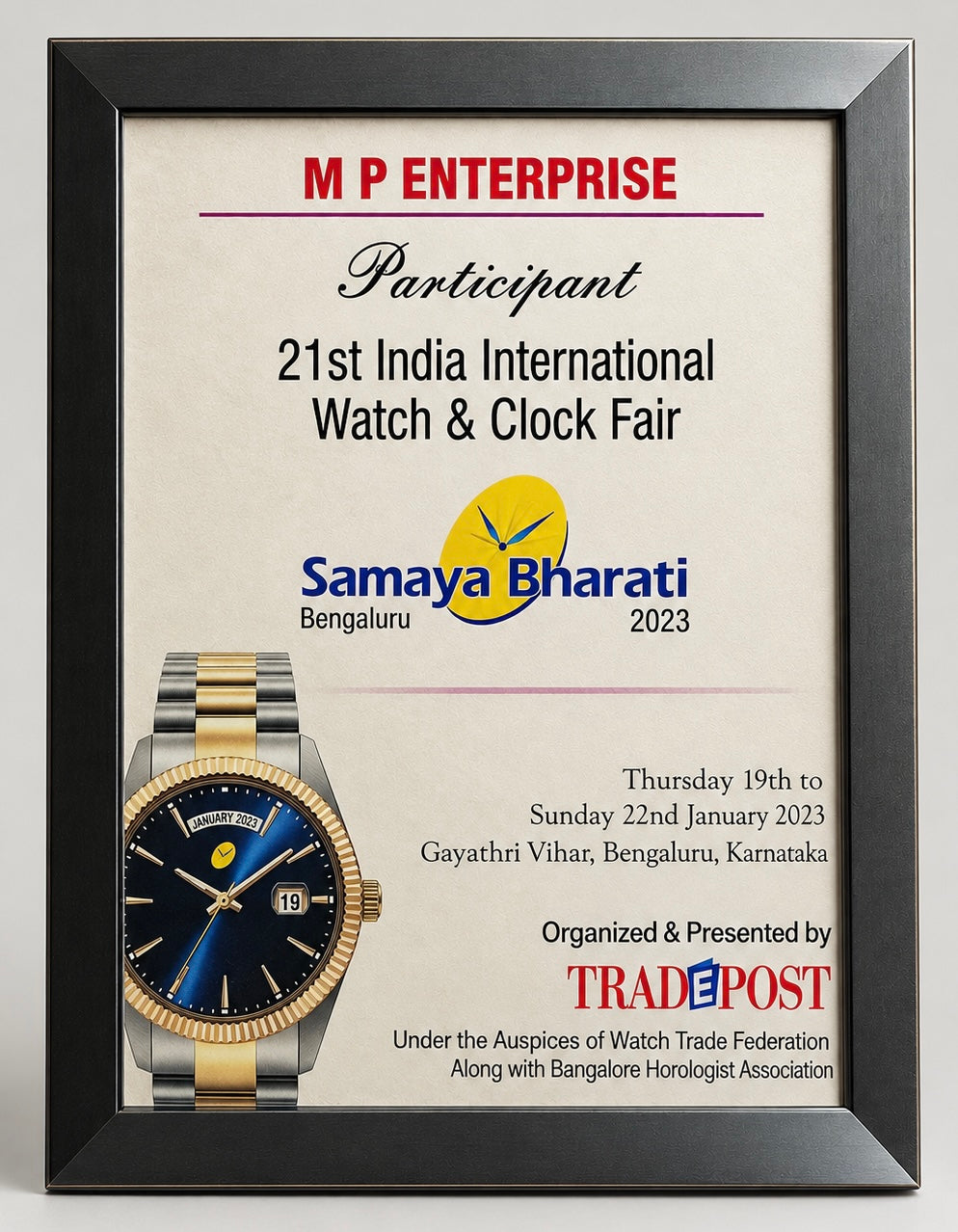 M P Enterprise participant certificate, 21st India International Watch and Clock Fair, Bengaluru 2023