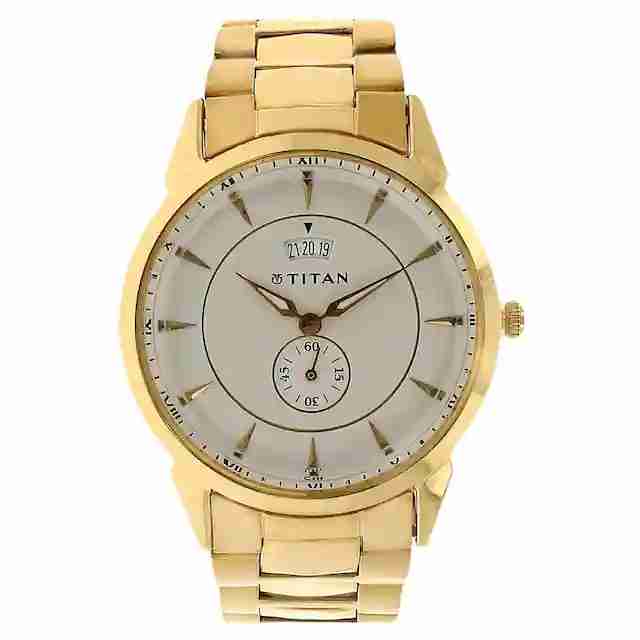 Titan 1521YM01 Quartz Analog Silver Dial Watch with Date and Golden Stainless Steel Strap for Men 38.1mm