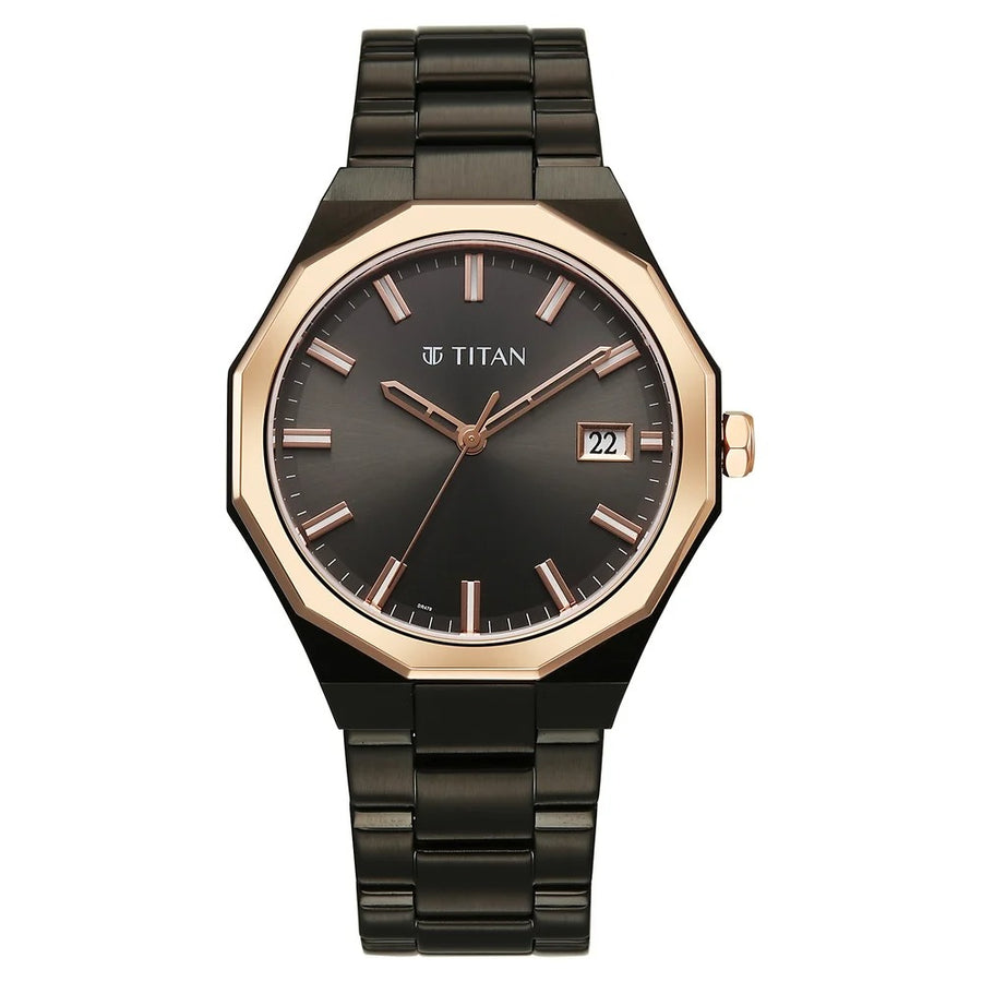 Titan 90212KM02 Regalia Dodecagon Men 3 Hands w/ Date Quartz Watch 40mm