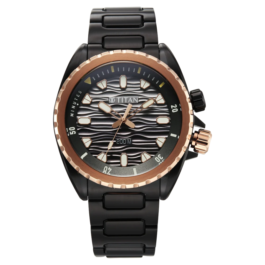 Titan 10068KM02 Zero Hour Diver's 3-Hand Quartz Watch with Black Dial and Black Stainless Steel Strap for Men 42mm