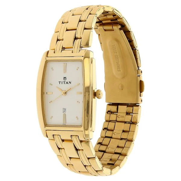 Titan 1163YM01 Regalia White Dial Quartz Analog Watch with Date and Gold Metal Strap for Men 28mm