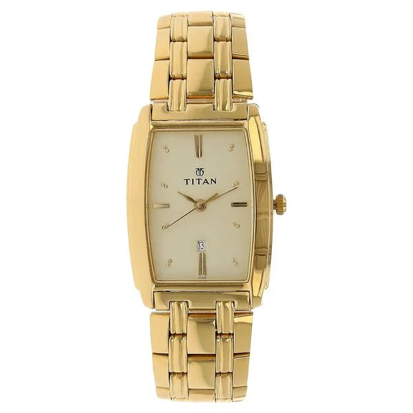 Titan 1163YM02 Quartz Analog Champagne Dial Watch with Date and Golden Stainless Steel Strap for Men 28mm