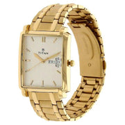 Titan 1506YM01 men's watch with silver-white rectangular dial and golden metal strap