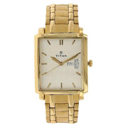 Titan 1506YM01 silver dial quartz analog watch with day and date golden metal strap for men 31mm