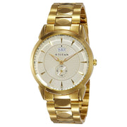 Titan 1521YM02 Regalia Champagne Dial Quartz Analog Watch with Date Golden Stainless Steel Strap for Men 38mm