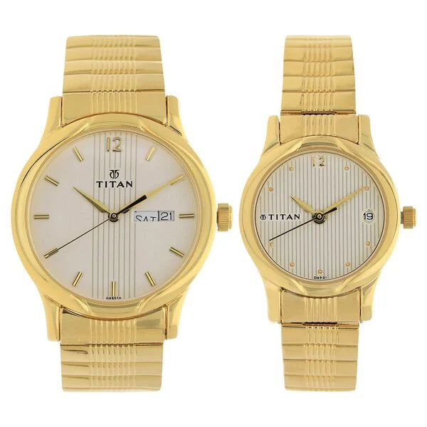 Titan 15802490YM04 Bandhan White Dial Quartz Couple Watch with Day & Date 44mm & 28mm