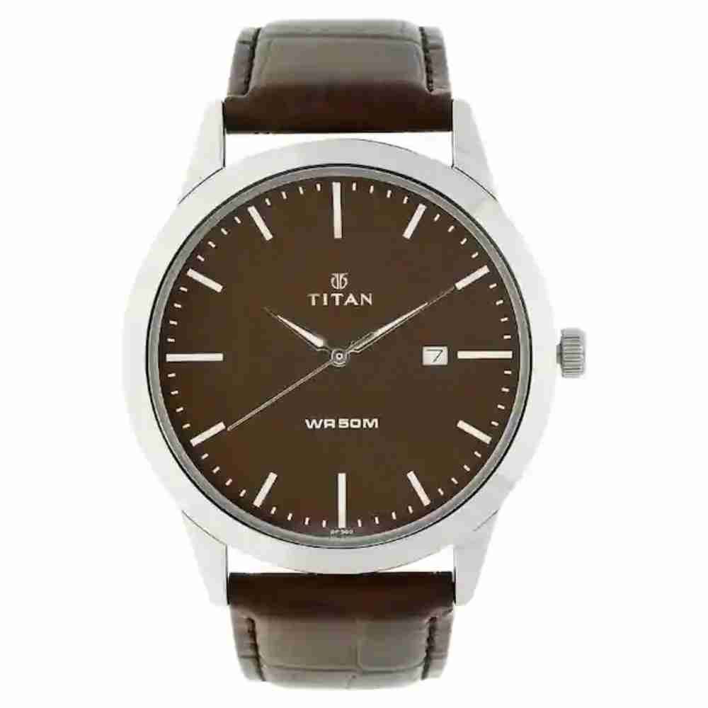 Titan 1584SL04 Neo Classic Brown Dial Quartz Analog Watch with Brown Leather Strap and Date for Men 42mm