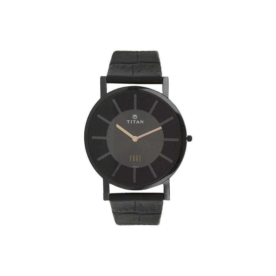 Titan 1595NL01 Edge Black Dial Quartz Analog Watch with Black Leather Strap for Men 38mm