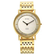 Titan 1595YM01 Edge Metal golden dial quartz analog watch with golden stainless steel strap for men 38mm