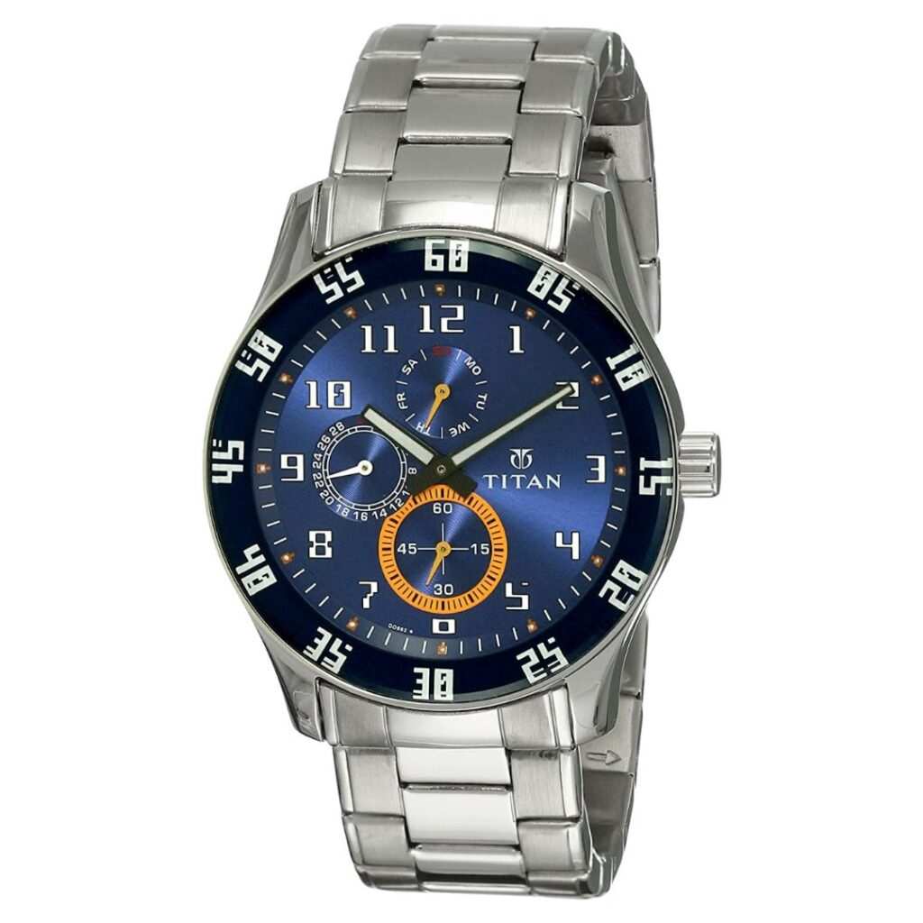 Titan 1632SM03 Octane Blue Dial Quartz Multifunction Stainless Steel Watch for Men 43mm