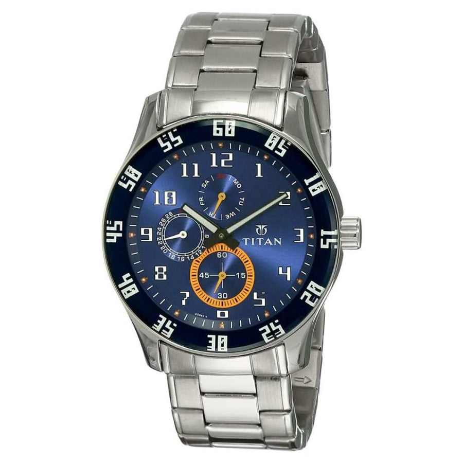 Titan 1632SM03 Octane Blue Dial Quartz Multifunction Stainless Steel Watch for Men 43mm