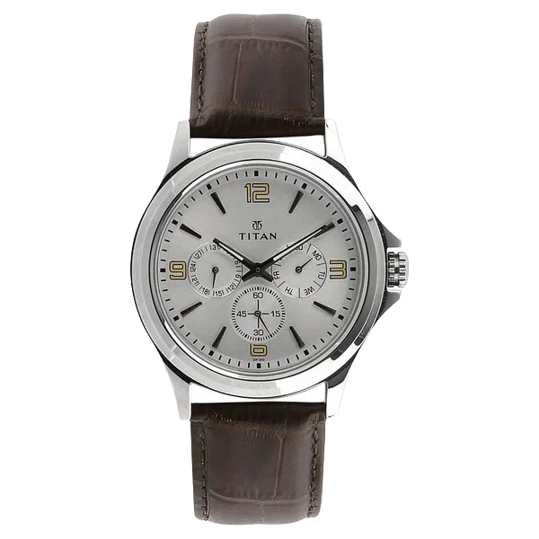 Titan 1698SL01 Silver Dial Quartz Multifunction Brown Leather Strap Watch for Men 44.5mm