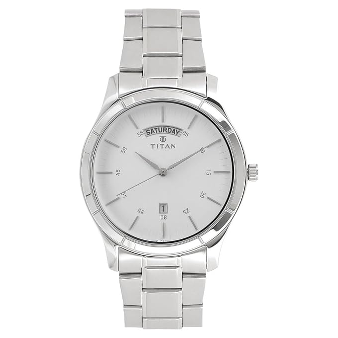Titan 1767SM01 Workwear White Dial Quartz Analog Watch with Day & Date Stainless Steel Strap for Men 42mm