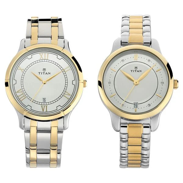 Titan 17752481BM01 Bandhan Silver Dial Quartz Couple Watch with Date 40mm & 30mm