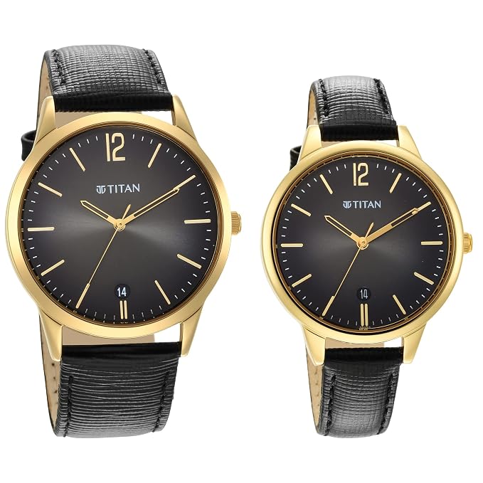 Titan 18062617YL01 Bandhan Anthracite Dial Quartz Couple Watch with Date Black Leather Strap 43.5mm & 36.5mm