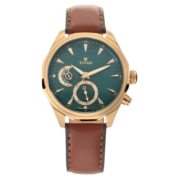 Titan 1829QL01 Maritime Sea Green Dial Quartz Multifunction Tan Leather Strap Watch for Men 42.5mm