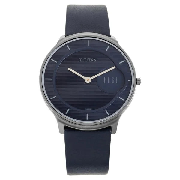 Titan 1843QL01 Edge Blue Dial Quartz Analog Blue Leather Strap Watch for Men 38mm