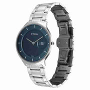 Titan 1843SM03 blue dial men's analog quartz watch with stainless steel case and silver bracelet