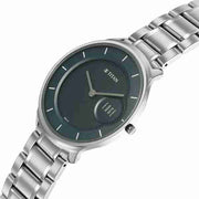 Titan 1843SM03 Edge Murals quartz analog watch with blue dial, sapphire glass and silver metal strap