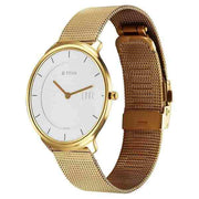 Titan 1843YM01 Edge Baseline men's analog watch with white dial and golden stainless steel strap