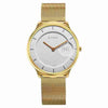 Titan 1843YM01 Edge Baseline white dial quartz analog watch with golden stainless steel strap for men 38mm