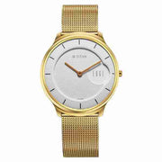 Titan 1843YM01 Edge Baseline white dial quartz analog watch with golden stainless steel strap for men 38mm