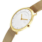 Titan 1843YM01 men's watch with white round dial and golden stainless steel strap