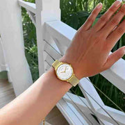 Titan 1843YM01 white dial men's analog quartz watch with stainless steel case and golden bracelet