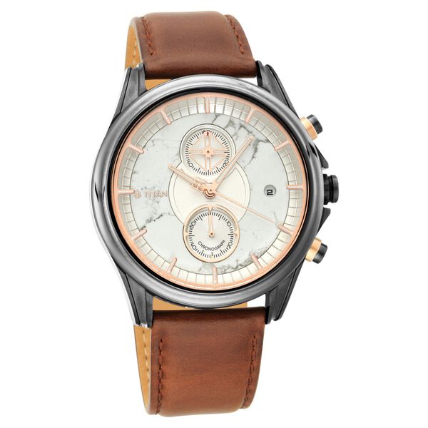 Titan 1847KL01 Grandmaster White Dial Quartz Chronograph Brown Leather Strap Watch for Men 44.6mm