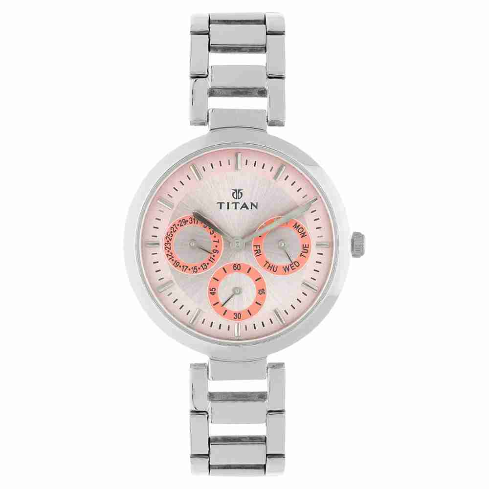 Titan 2480SM05 Purple Quartz Multifunction Pink Dial Silver Stainless Steel Watch for Women 35mm