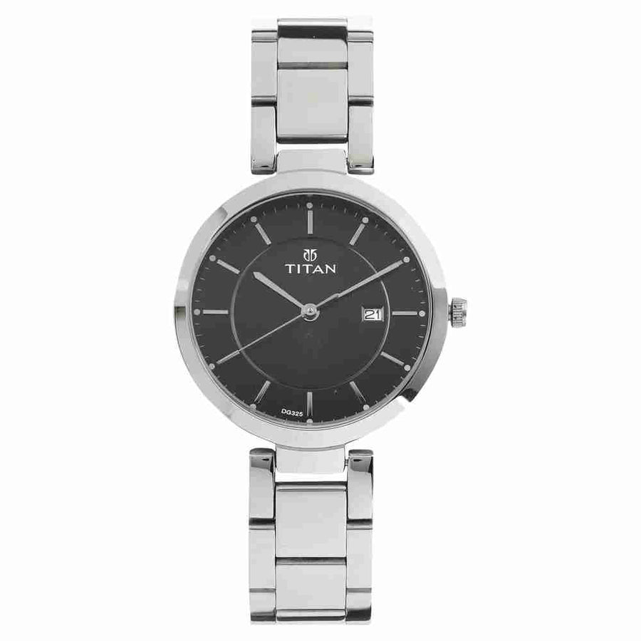 Titan 2480SM08 Workwear Black Dial Quartz Analog Watch with Day & Date Silver Stainless Steel Strap for Women 35mm