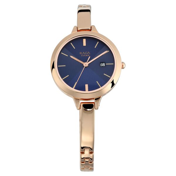Titan 2578WM02 Raga Viva Blue Dial Quartz Analog Watch with Date Rose Gold Metal Strap for Women 29.3mm