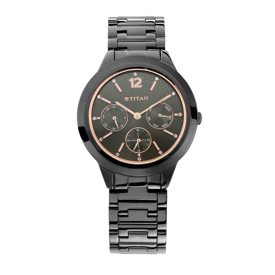 Titan 2588NM01 Workwear Anthracite Dial Quartz Analog Watch with Day & Date Black Stainless Steel Strap for Women 36mm