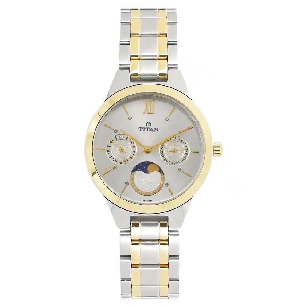 Titan 2590BM01 White Dial Quartz Analog Moonphase Watch with Two-Tone Stainless Steel Strap for Women 34mm