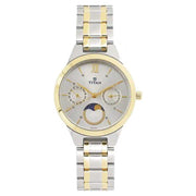 Titan 2590BM01 white dial quartz analog moonphase watch with two-tone stainless steel strap for women 34mm