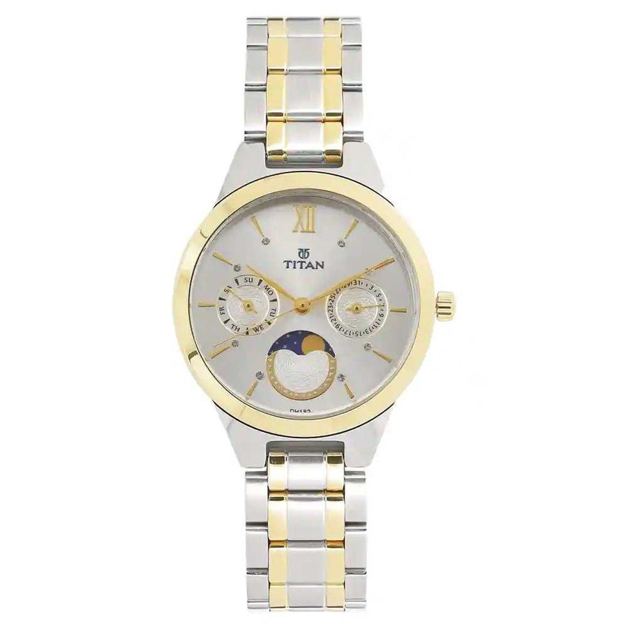Titan 2590BM01 White Dial Quartz Analog Moonphase Watch with Two-Tone Stainless Steel Strap for Women 34mm