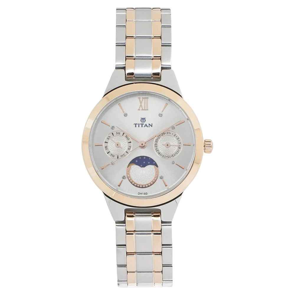 Titan 2590KM01 White Dial Quartz Analog Moonphase Watch with Two-Tone Stainless Steel Strap for Women 34mm