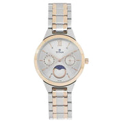 Titan 2590KM01 white dial quartz analog moonphase watch with two-tone stainless steel strap for women 34mm