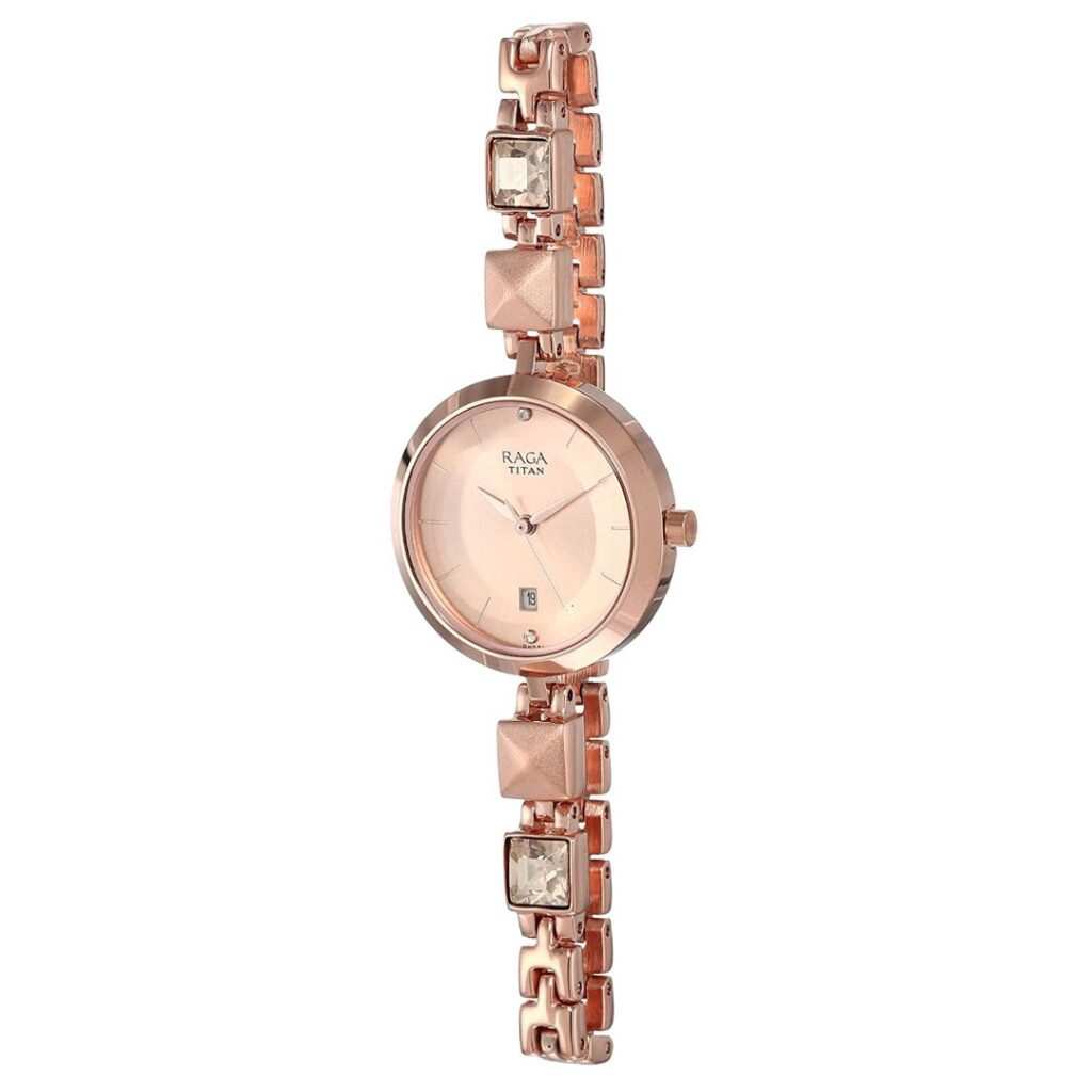 Titan 2606WM01 Raga Viva Rose Gold Dial Quartz Analog Watch with Rose Gold Metal Strap for Women 28mm