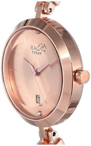 Titan 2606WM01 women's watch with rose gold dial, baguette crystal detailing and rose gold metal strap