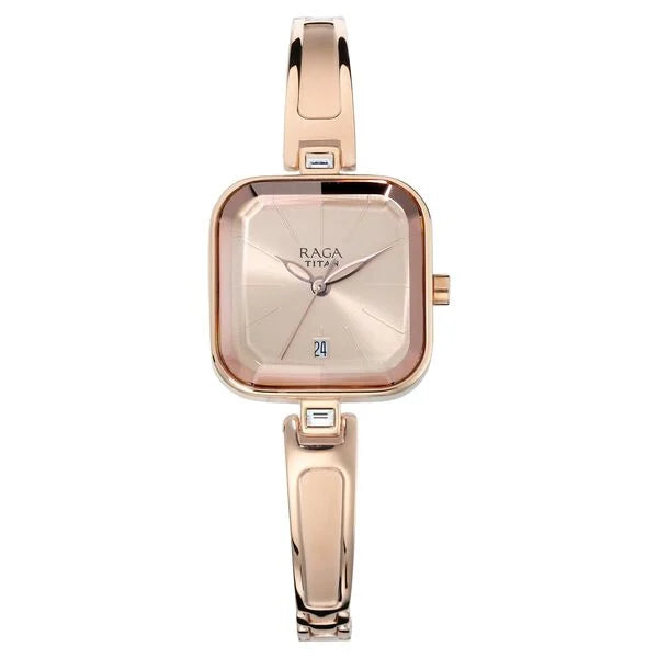 Titan 2607WM01 Raga Viva Rose Gold Dial Quartz Analog Watch with Date for Women 24.5mm