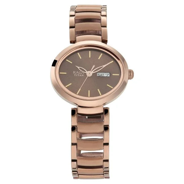 Titan 2620QM01 Raga Viva Brown Dial Quartz Analog Watch with Day & Date Two-Tone Metal Strap for Women 30mm
