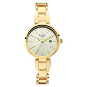 Titan 2642YM01 Raga Viva golden dial quartz analog watch with date and golden metal strap for women 31mm