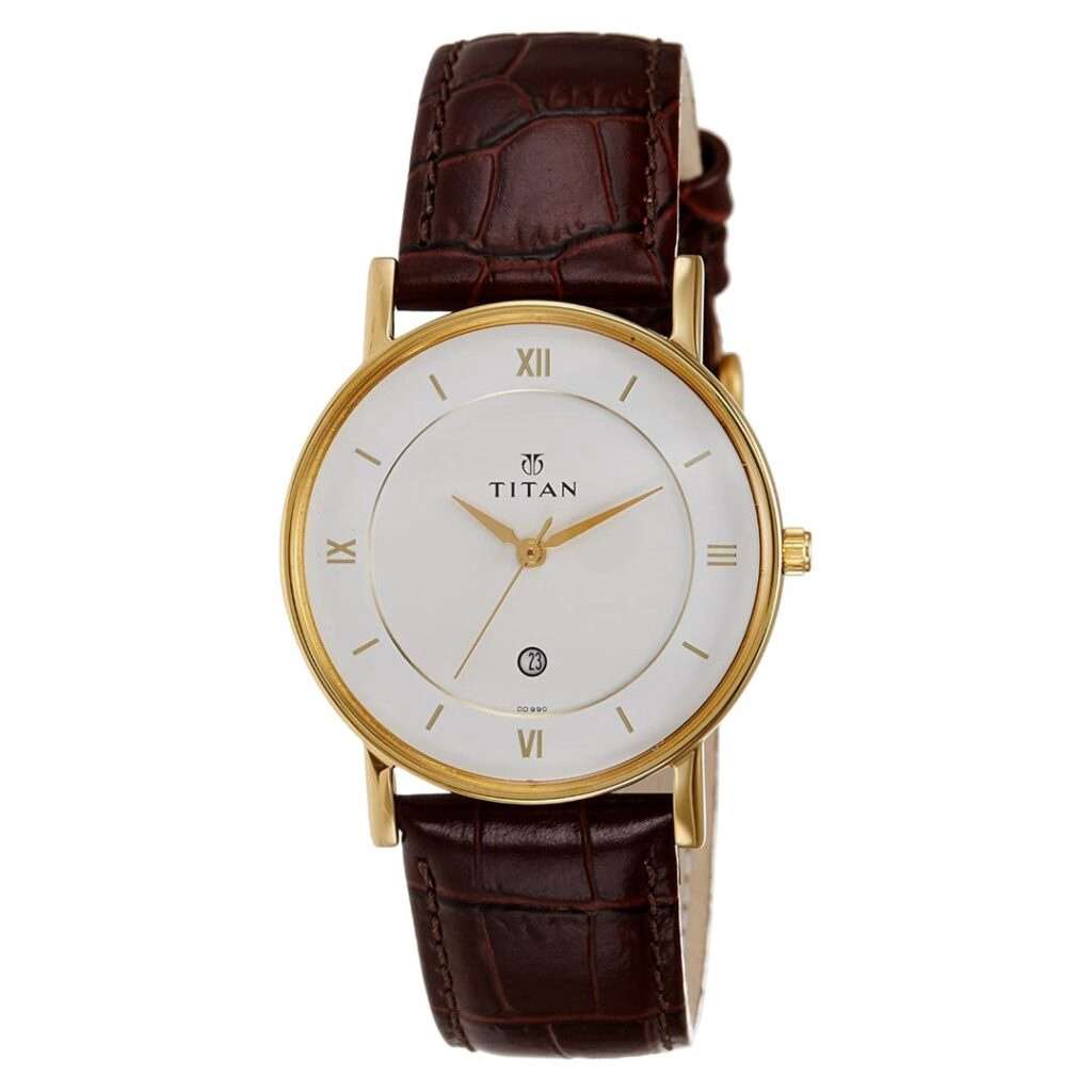Titan 9162YL01 Classique White Dial Quartz Analog Watch with Date Brown Leather Strap for Men 36.15mm