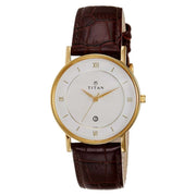 Titan 9162YL01 Classique White Dial Quartz Analog Watch with Date Brown Leather Strap for Men 36.15mm