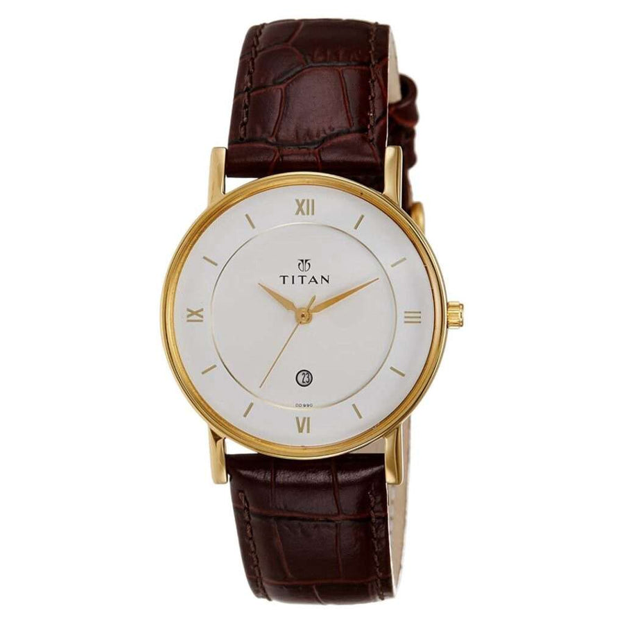 Titan 9162YL01 Classique White Dial Quartz Analog Watch with Date Brown Leather Strap for Men 36.15mm
