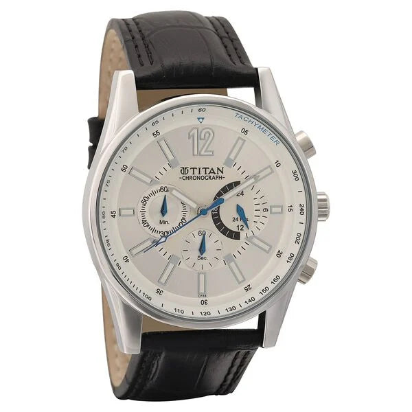 Titan 9322SL02 Classic Silver Dial Quartz Chronograph Black Leather Strap Watch for Men 45.5mm