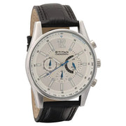 Titan 9322SL02 Classic Silver Dial Quartz Chronograph Black Leather Strap Watch for Men 45.5mm
