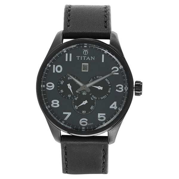Titan 9483NL02 Grey Dial Quartz Analog Watch with Black Leather Strap for Men 45mm