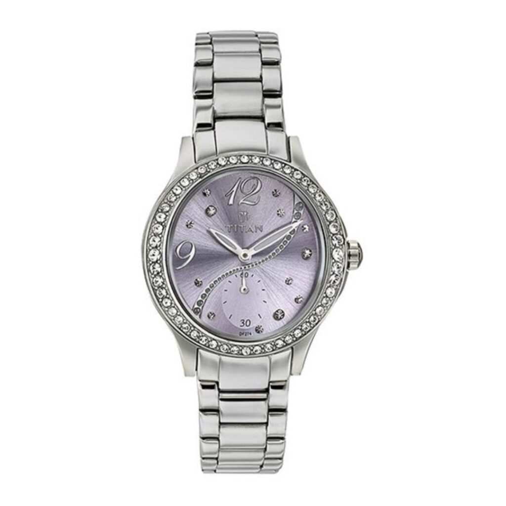 Titan 95024SM02 Purple Dial Quartz Analog Watch with Silver Stainless Steel Strap for Women 30mm